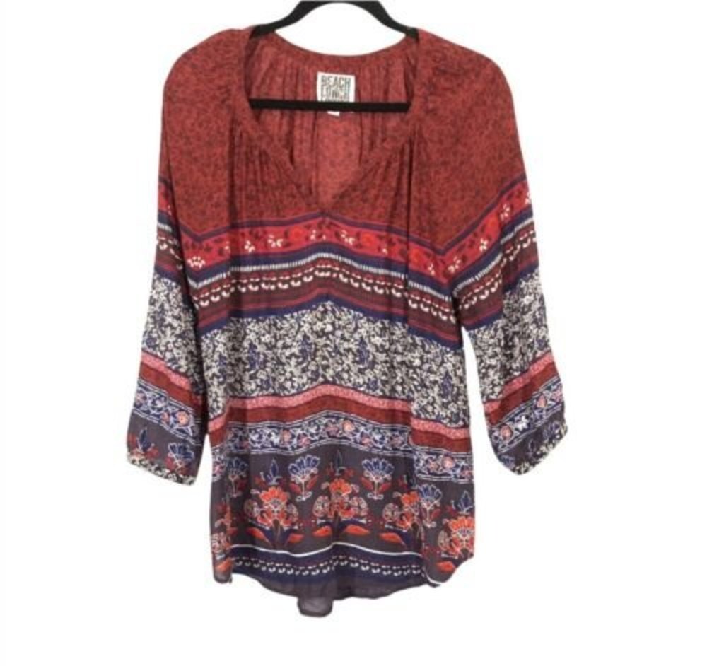 Beach Lunch Lounge Women's Maroon & Navy Floral Boho Peasant Top Size Large